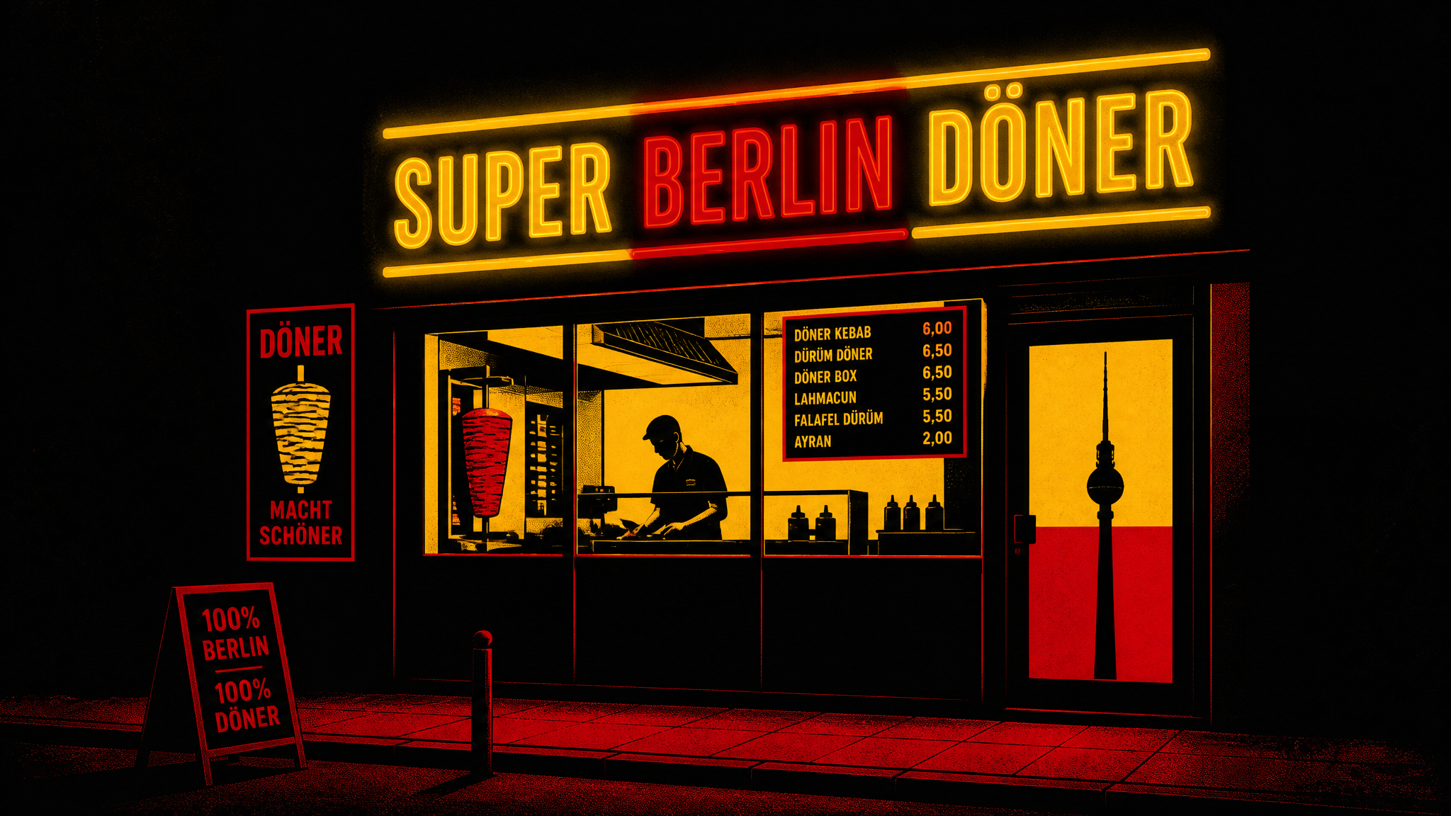Graphic illustration of the Super Berlin Döner storefront at night